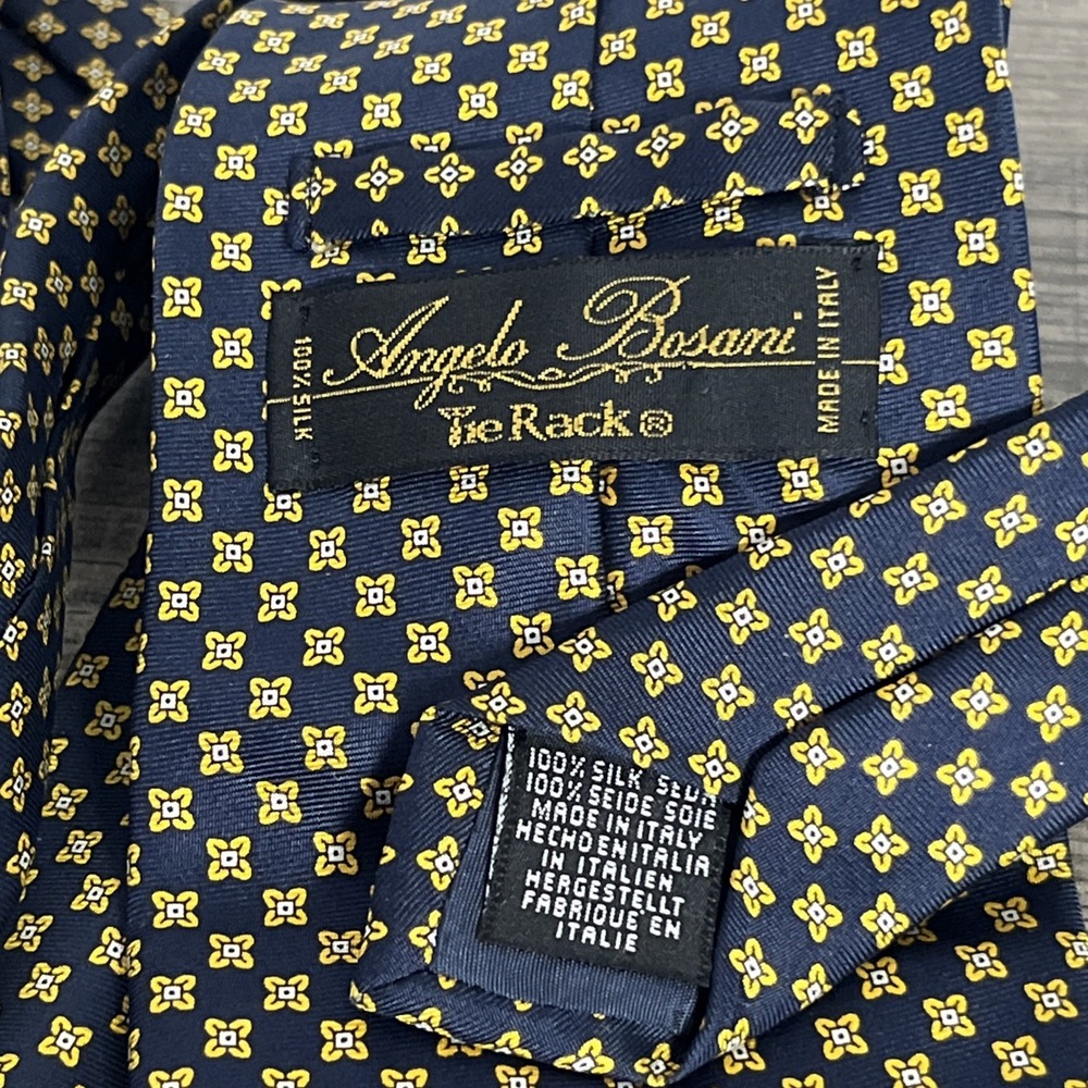 Angelo Bosani Silk Made in Italy Necktie 61x3.75" Navy Yellow Geometric Flower